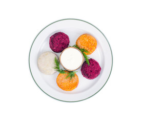 Vegetable burgers from beets, carrots, potatoes. Vegetarian menu.