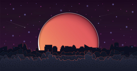 Vector paper cut. and The building is bright and colourful. and Cityscape with Group of Skyscrapers in the night.And feel the festive party and origami style design.and background.