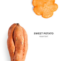 Creative layout made of sweet potato on the white background. Flat lay. Food concept. Macro  concept.