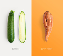 Creative layout made of sweet potato and zucchini. Flat lay. Food concept. Macro  concept.