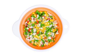 Frozen vegetables with rice isolated on white background