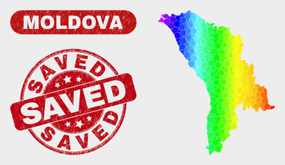 Rainbow colored dotted Moldova map and stamps. Red round Saved grunge watermark. Gradiented rainbow colored Moldova map mosaic of random small spheres. Saved seal stamp with grunged texture.