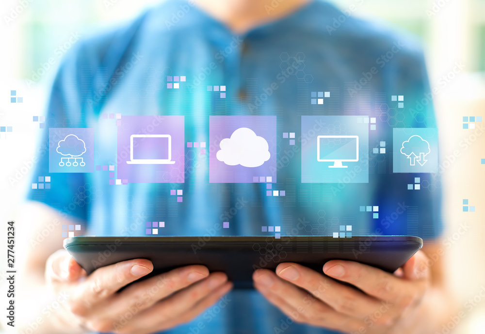 Aufkleber cloud computing with young man using a tablet computer