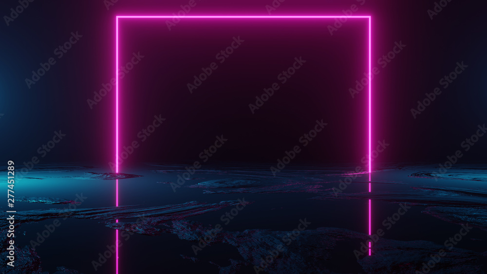 Poster futuristic sci-fi abstract blue and purple neon light shapes on black background and reflective surf