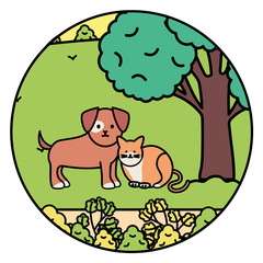 cute cat and dog mascots in the landscape