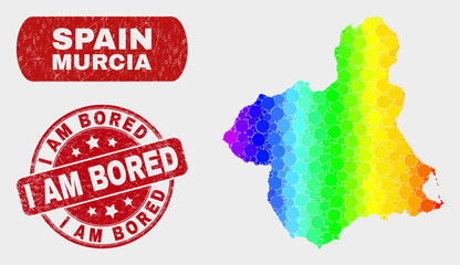 Rainbow colored dot Murcia Province map and stamps. Red round I Am Bored grunge watermark. Gradiented rainbow colored Murcia Province map mosaic of scattered circle elements.