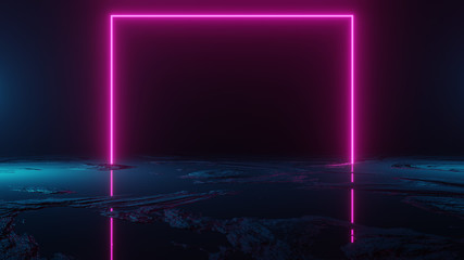 Futuristic Sci-Fi Abstract Blue And Purple Neon Light Shapes On Black Background And Reflective Surface With Empty Space For Text 3D Rendering