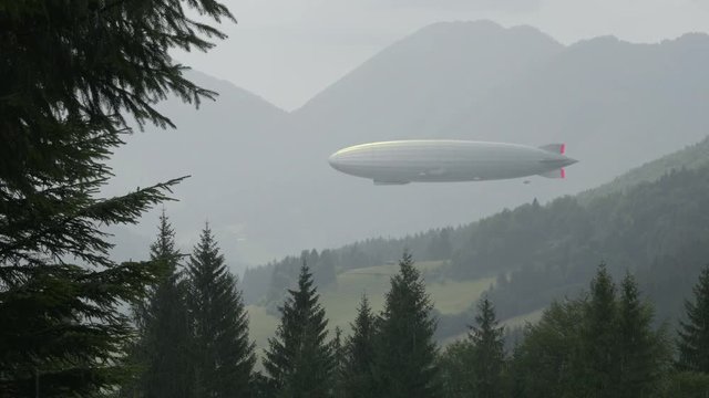 Zeppelin airship in landscape with wooden hills. Legendary huge flying balloon flies through mountain valley. Big dirigible, spruces in foreground, spinning propellers. Long zeppelin, rigid airship