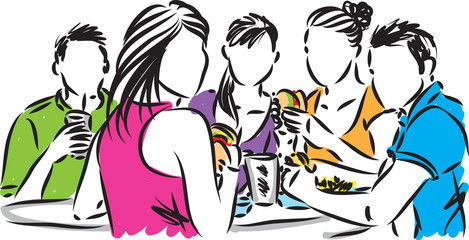 friends eating together vector illustration