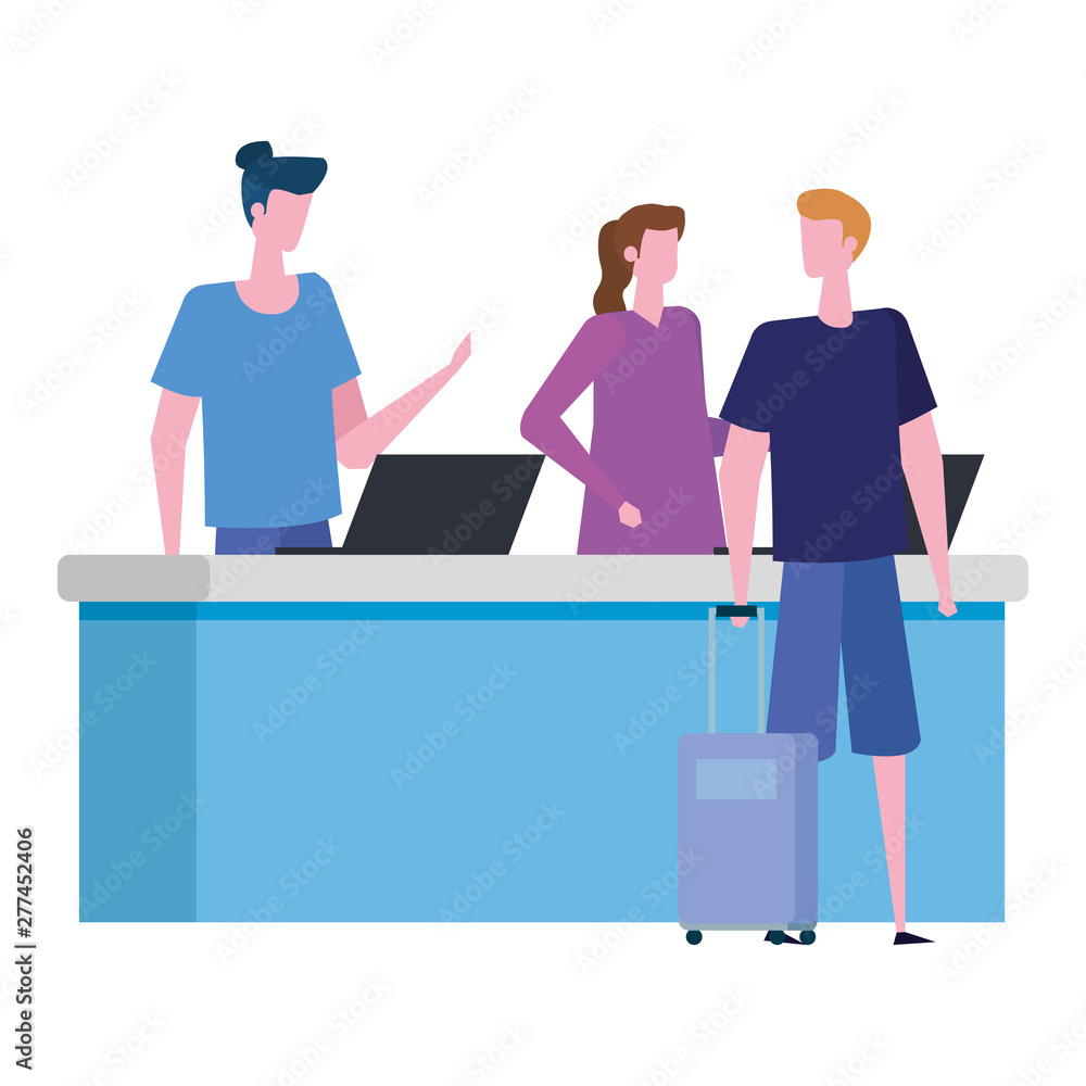 Poster couple working in desk with computers and man customer