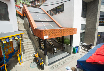 Medellín, Antioquia / Colombia - July 8, 2019. Escalators of the commune stair 13. Tourist zone.