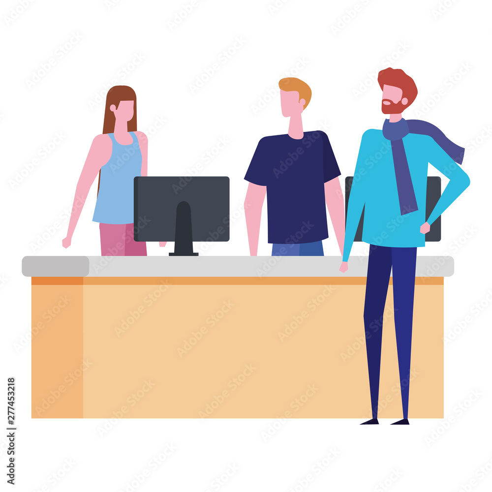 Poster couple working in desk with computers and man customer