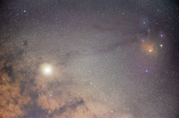Beautiful night sky with stars, Jupiter and Rho Ophiuchi with stars and space dust in the universe.