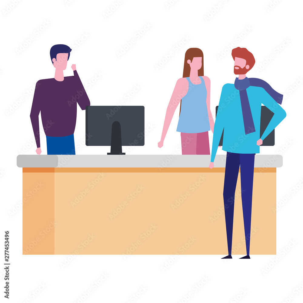 Poster couple working in desk with computers and man customer