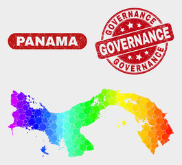Spectral dotted Panama map and seal stamps. Red rounded Governance distress seal stamp. Gradiented spectral Panama map mosaic of randomized circle elements.