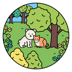 cute cat and dog mascots in the landscape