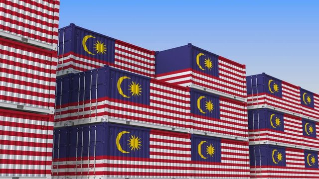 Container terminal full of containers with flag of Malaysia. Malaysian export or import related loopable 3D animation