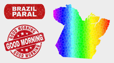 Rainbow colored dot Paral State map and watermarks. Red round Good Morning textured seal stamp. Gradient rainbow colored Paral State map mosaic of scattered circle dots.