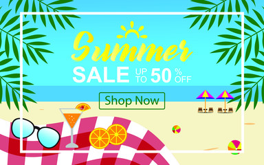 Summer Sale banner design in beach sand, under the sun, seaside, orange, orange juice, sunglasses, beach ball, tropical leaf, picnic table in sky blue beach background. Vector Illustrations.