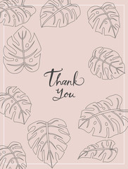 Botanical illustration greeting card with tropical leaves.