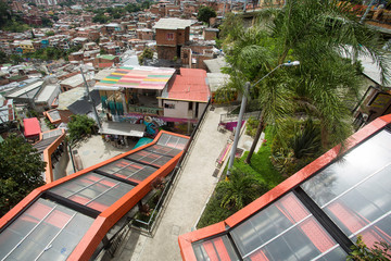 Medellín, Antioquia / Colombia - July 8, 2019. Escalators of the commune stair 13. Tourist zone.