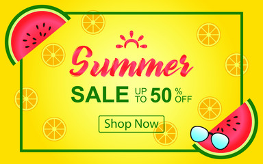 Summer Sale banner design with elements of watermelon, sunglasses and orange in summer yellow background. Vector Illustrations