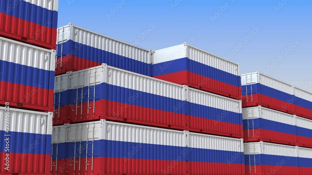 Poster container terminal full of containers with flag of russia. russian export or import related loopable