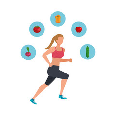 young athletic woman running with healthy icons