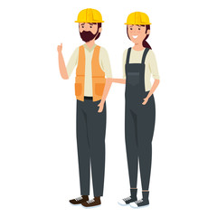 young couple mechanics workers characters