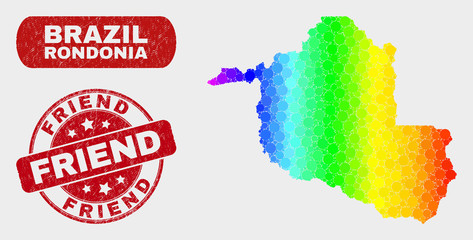 Rainbow colored dotted Rondonia State map and watermarks. Red round Friend grunge watermark. Gradient rainbow colored Rondonia State map mosaic of random circle. Friend watermark with rubber surface.