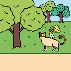 cute cat and bird mascots in the park