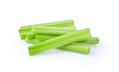 heap of sliced celery on white background.