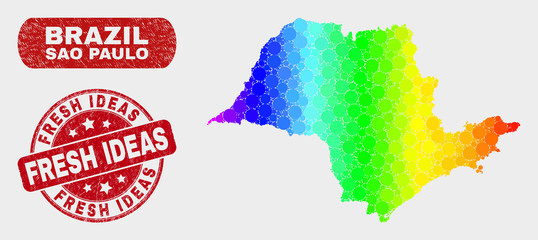Spectral dotted Sao Paulo State map and rubber prints. Red round Fresh Ideas distress seal stamp. Gradiented rainbow colored Sao Paulo State map mosaic of random small spheres.