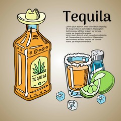 Tequila bar banner, poster vector illustration. Glass with sugar and bottle of tequila, salt and slices of lime with ice cubes. Mexican alcohol drink liquid. Sombrero and cocktail.