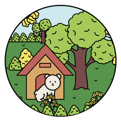 little dog adorable with wooden house in the park