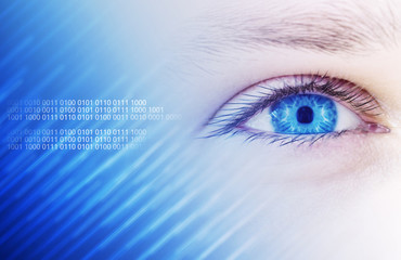 The eyes of a man on a bright abstract background with holograms