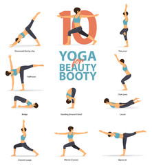 Infographic of 10 Yoga poses for Beauty booty in flat design. Beauty woman is doing exercise for booty blaster. Set of yoga postures female figures Infographic. Vector Illustration.