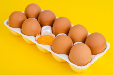 Chicken brown eggs and egg yolk in white form. 