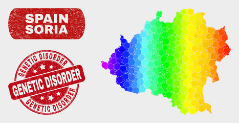 Rainbow colored dot Soria Province map and seal stamps. Red rounded Genetic Disorder textured seal stamp. Gradiented rainbow colored Soria Province map mosaic of scattered small spheres.