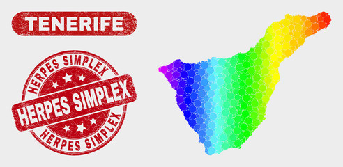 Spectrum dotted Tenerife map and seal stamps. Red rounded Herpes Simplex textured seal stamp. Gradiented spectrum Tenerife map mosaic of randomized small circles.