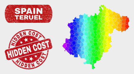Rainbow colored dotted Teruel Province map and seal stamps. Red rounded Hidden Cost distress seal. Gradiented rainbow colored Teruel Province map mosaic of random circle dots.