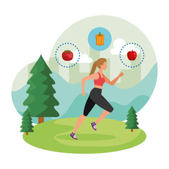 Fototapeta na wymiar athletic woman running in the landscape with healthy icons
