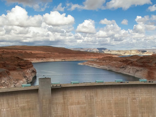shot of the glen canyon dam and lake powell in page, az