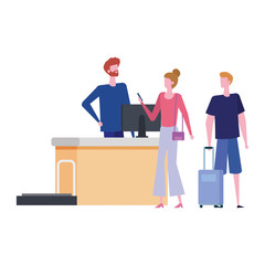 man working in airport with couple travelers