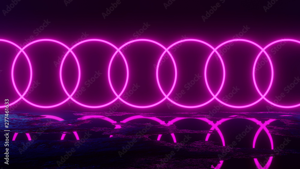 Poster futuristic sci-fi abstract blue and purple neon light shapes on black background and reflective surf