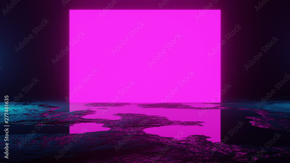 Poster futuristic sci-fi abstract blue and purple neon light shapes on black background and reflective surf