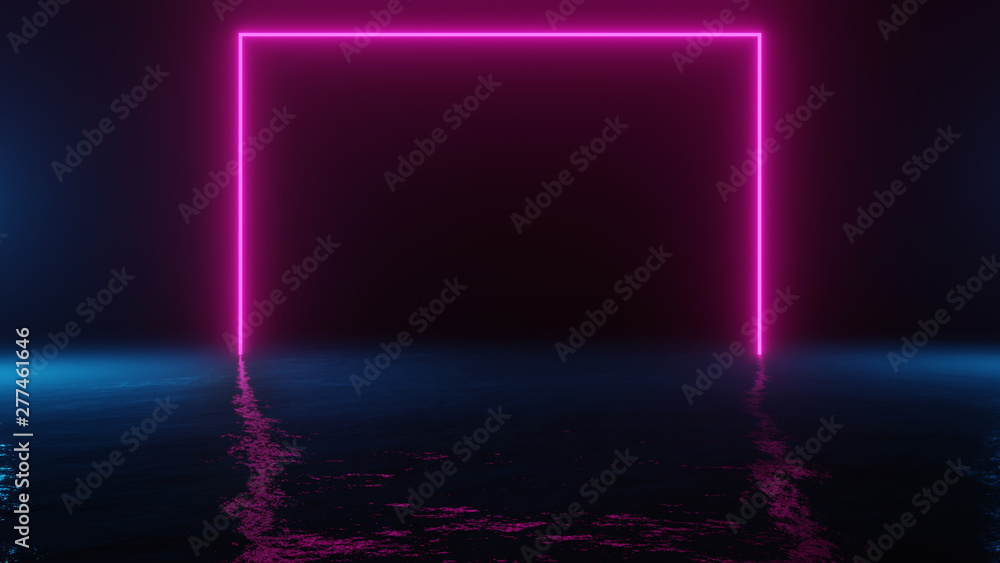 Poster futuristic sci-fi abstract blue and purple neon light shapes on black background and reflective surf