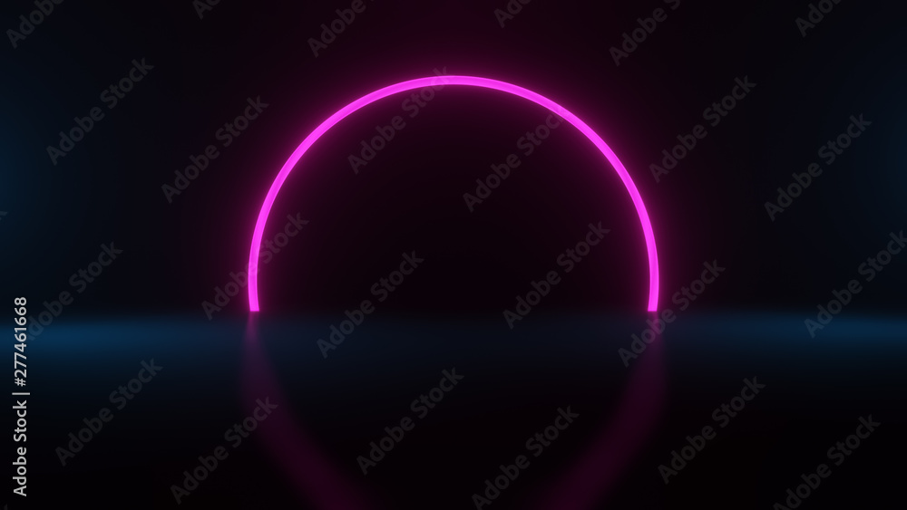 Poster futuristic sci-fi abstract blue and purple neon light shapes on black background and reflective surf