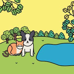 cute cat and dog mascots in the landscape