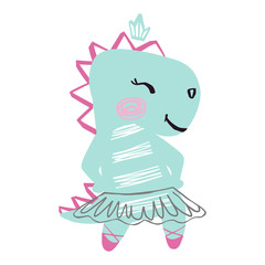 Dinosaur baby girl cute print. Sweet dino ballerina with crown, ballet tutu, pointe shoes.